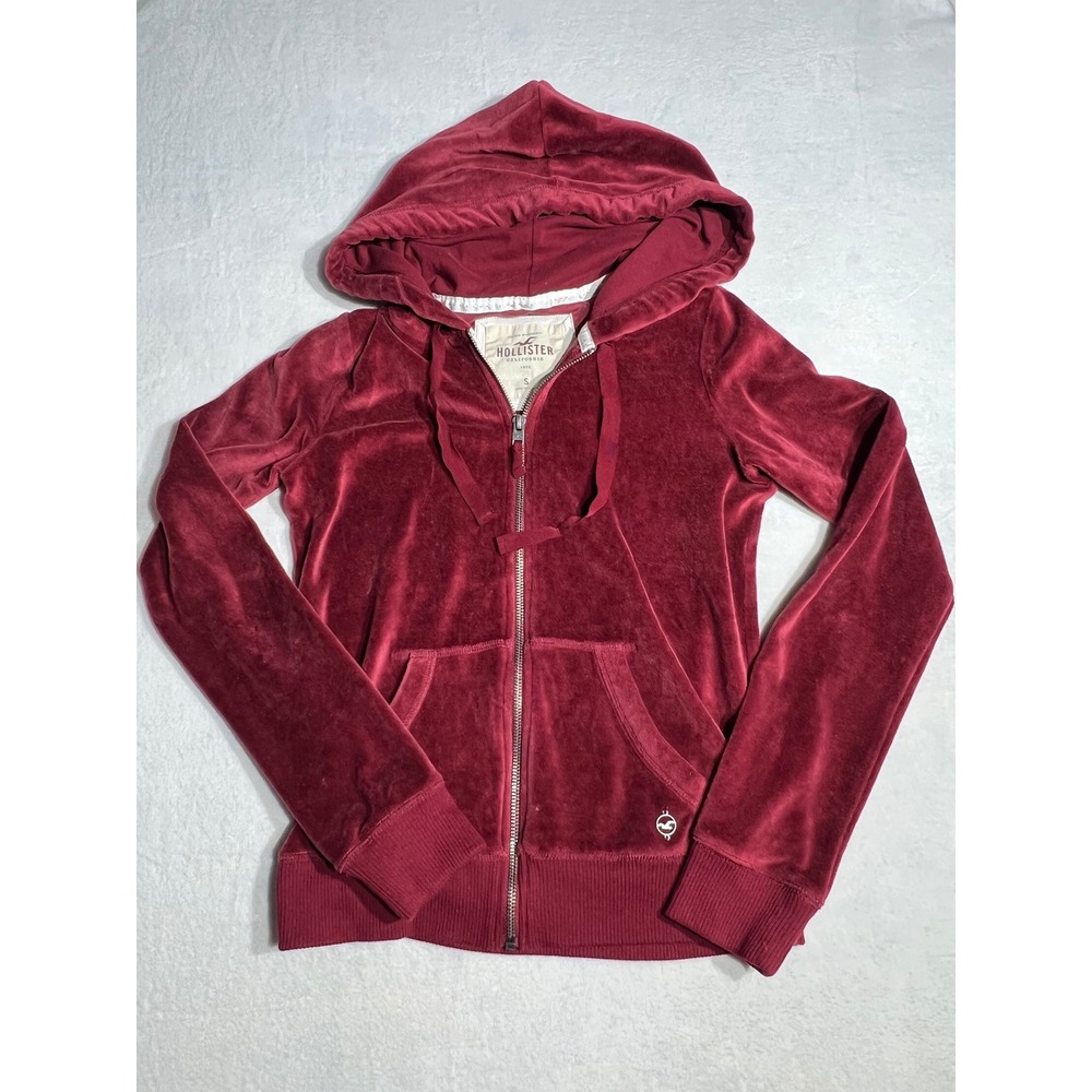 Vintage Hollister Burgundy Red Velour Zip Up Hoodie Small Y2K Track Jacket